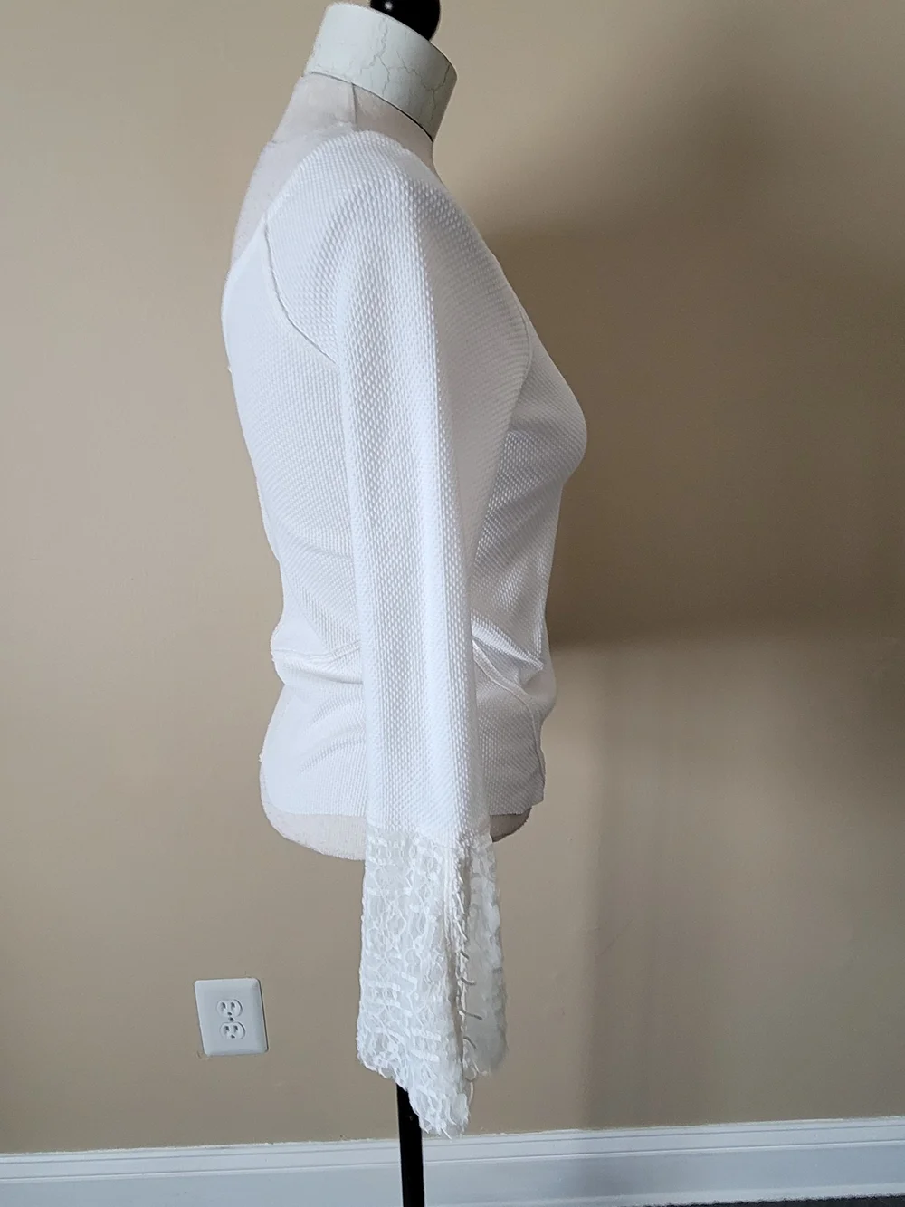 Free People White Scoop Neck Knit Tunic with Lace Bell Sleeves Size M